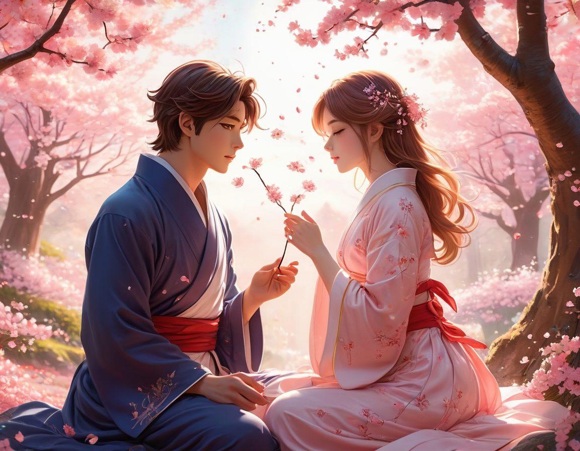 A sensual and whimsical anime-inspired artwork featuring beautifully drawn characters in an intimate setting, surrounded by delicate cherry blossom petals. The scene captures a blend of passion and artistry, highlighting the intricate details of their expressions and clothing. Adding a dreamy atmosphere with soft pastel colors and ethereal lighting creates an allure that invites exploration. Illustrate elements representing the fusion of fantasy and eroticism. vibrant colors. anime art style.