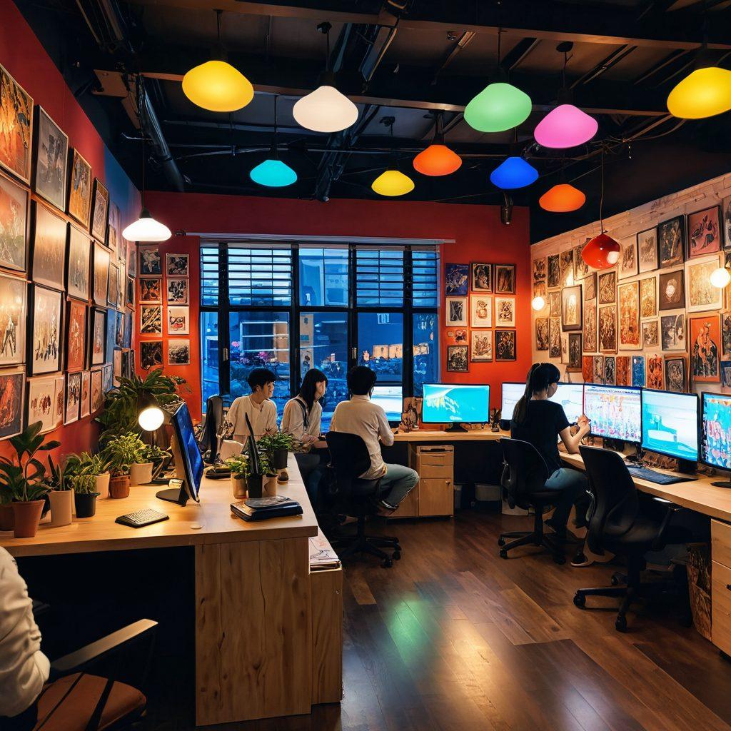 A vibrant scene depicting a diverse group of individuals engaging with animated characters and artwork in an eclectic studio filled with posters and figurines, showcasing the allure of hentai fandom. Include elements of creativity, passion, and connection among fans, with colorful lights enhancing the lively atmosphere. Emphasize cultural symbols related to anime and fandom in the background. digital art. vibrant colors. playful style.